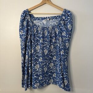 Loft Womens Blouse Blue XXL Stretch Neckline Long Sleeve Textured Floral Smocked